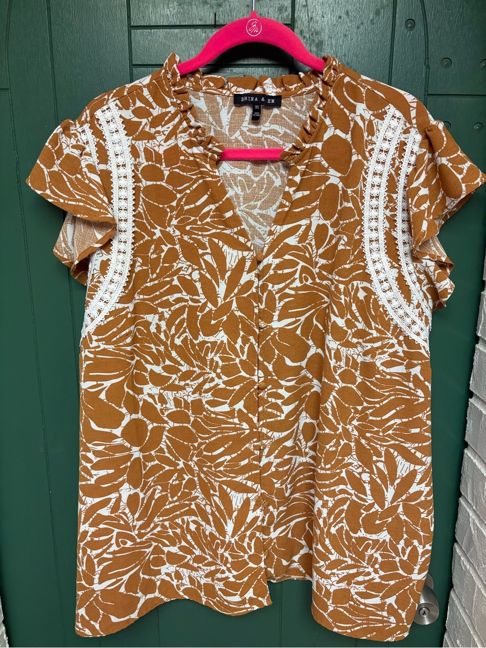 Rust and White Floral Lace-Trim Blouse